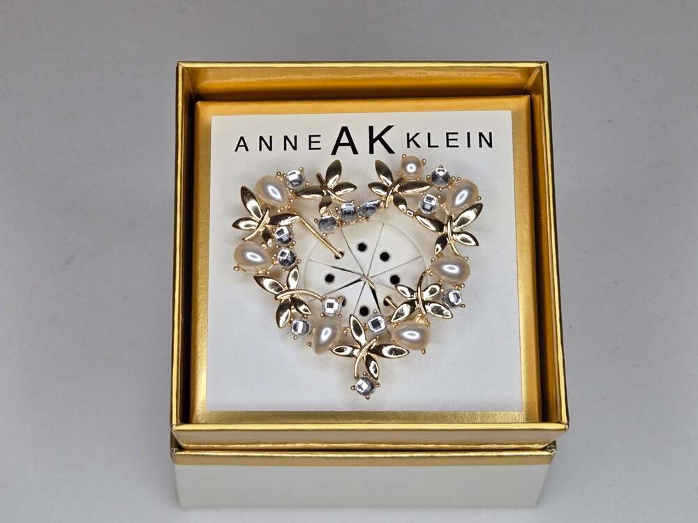 Anne Klein Gold-Tone Faux Pearl & Rhinestone Heart Floral Pin Brooch